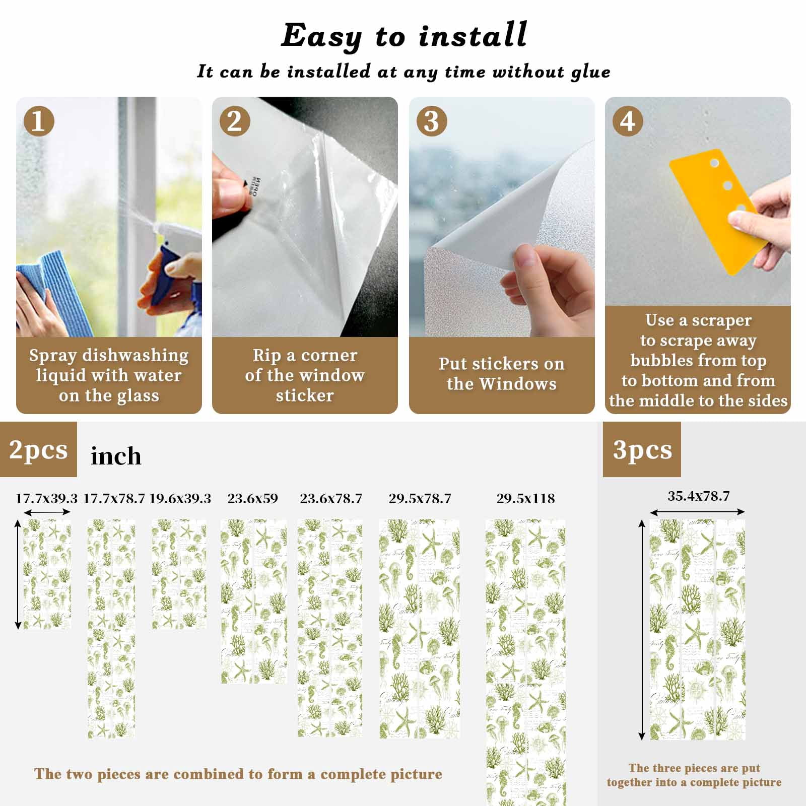 Seahorse Coral Shell Window Privacy Film, Starfish Ocean Frosted Glass Window Clings Static Cling UV Heat Blocking Reusable Door Sticker for Bathroom 23.6 x 59 Inch