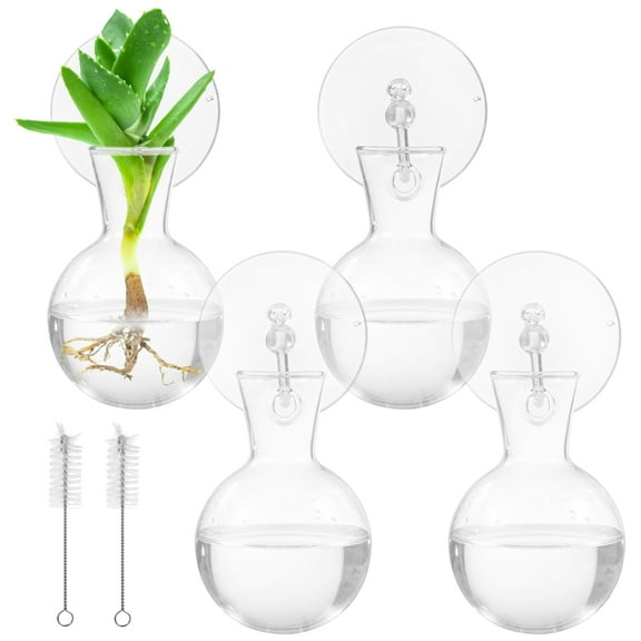 4 Pack Glass Propagation Vases for Plants, Window Planters Hanging with 4 Suction Cups, 2 Brushes, Glass Plant Terrarium Vase, Home Decor for Water Cultivating, Unique Housewarming Present