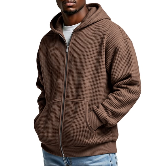 LNWUY (S-5XL) Plus Size Sweatshirt for Men Waffle Full Zip Up Hooded Sweatshirts Solid Color Hoodie Casual Loose Fit Coat Brown L
