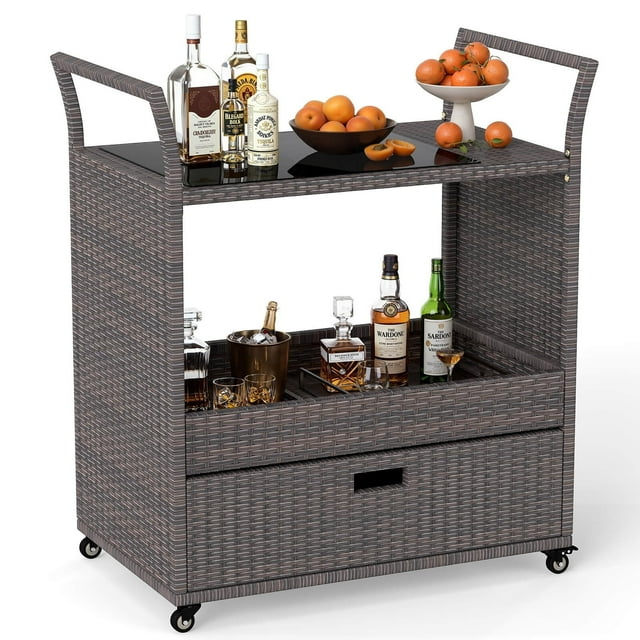 Costway Rolling Portable Rattan Wicker Kitchen Trolley Cart Dining Restaurant W/ Shelves