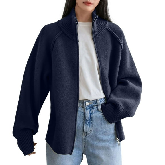 Ediodpoh Cardigan Sweaters for Women Sweater Coat Casual Zip up Stand Collar Long Sleeve Outerwear Navy