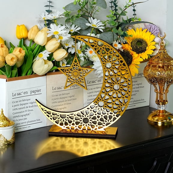 Ramadan Decor, Home Decor String Moon Star Light Stand, Welcome Night Lights, Ramadan Decorations for Home, Crescent Tree DÃ©cor, Glittery Table DÃ©cor, Big Wooden Moon Star (Gold, Medium)