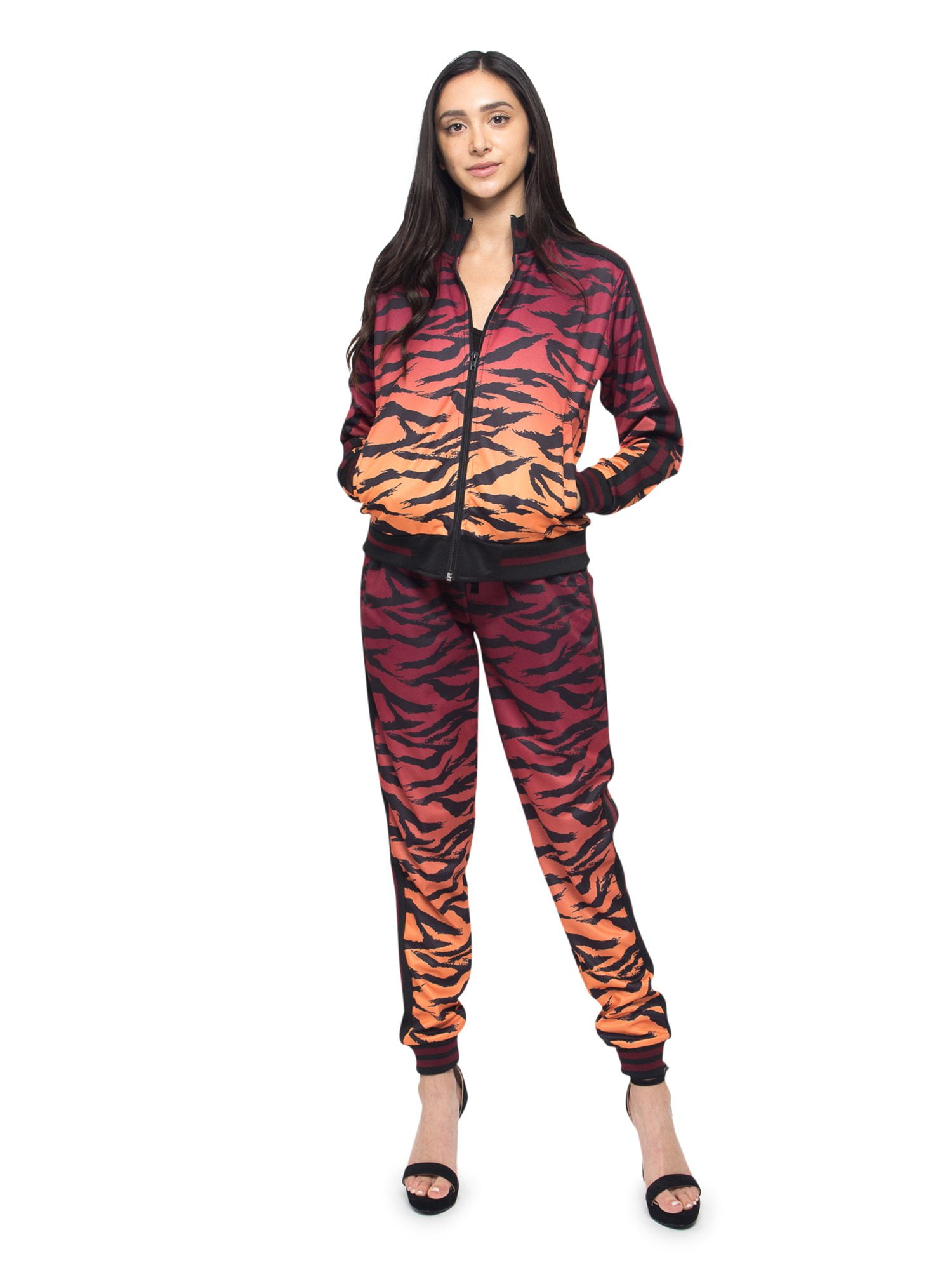 Woman 2pcs Tracksuit Green Red Stripes Tiger Printed O Neck Hoodie+Long Pant