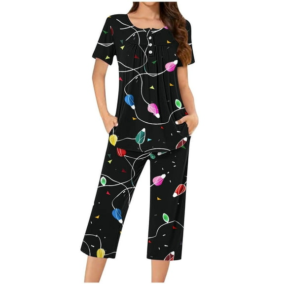 Lorytime Christmas Pajamas Sets for Women Candy Short Sleeved Crew Neck Button Down Shirt Capri Pants Festive Sleepwear