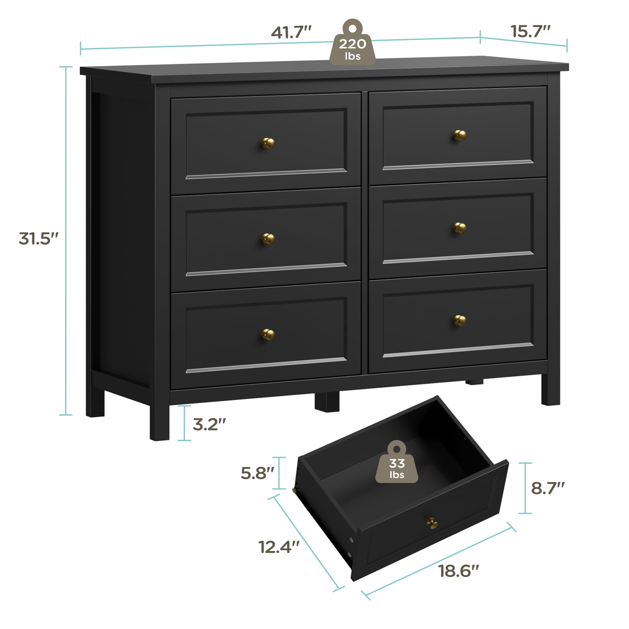 DIYART 6 Drawer Dresser for Bedroom, 41" Wide Large Chest of Drawers with Golden Handles, Modern Modern Bedroom Storage Dresser for Closet and Living Room, Black