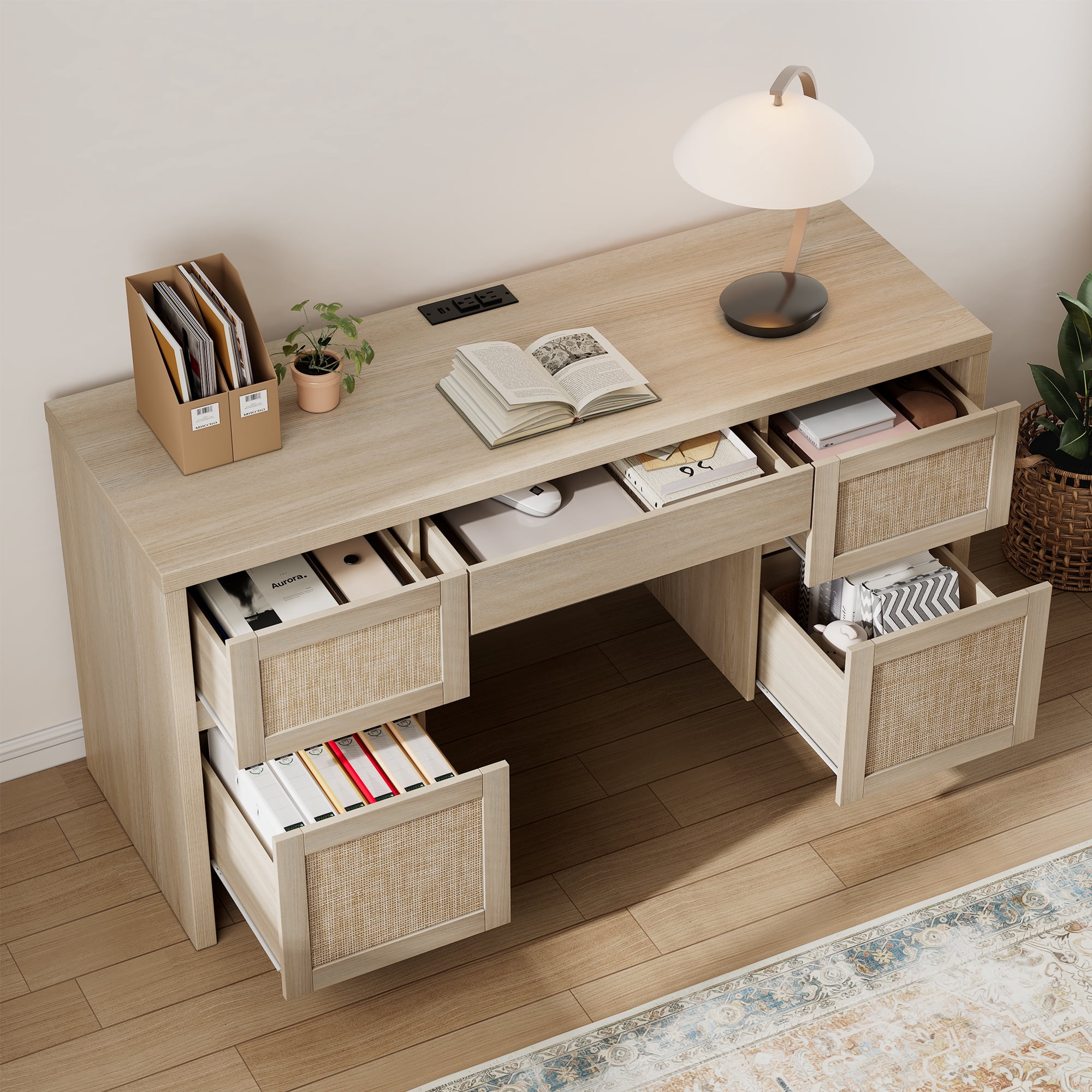 Brafab Home Office Desk with Charging Station, 5-Drawer Executive Desk with Rattan Front, Modern Farmhouse Computer Writing Desk, Built-in USB/Type-C Ports & Outlets