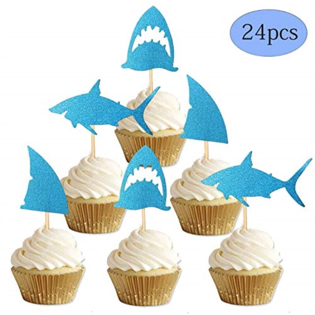 alissar 24pack glitter shark cupcake toppers, shark fin cupcake