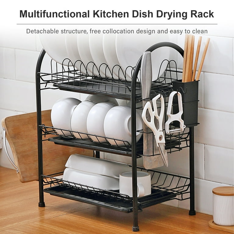 Dish Drying Rack 3 Tier Dish Rack Steel with Removable Drain Board Storage  Rack for Dish Drainer Utensil Holder with Cup Rack for Kitchen Countertop