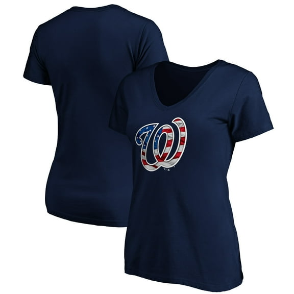 Women's Navy Washington Nationals Logo Banner Wave V-Neck T-Shirt