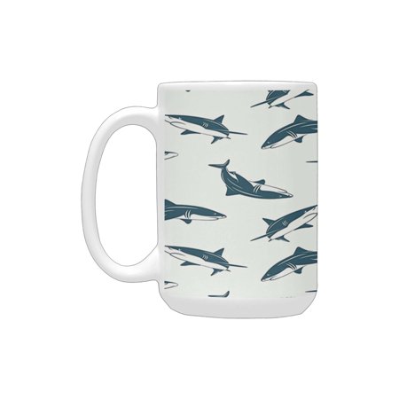 

Sea Animals Decor Pattern with Sharks Swimming to Different Directions Monochromic Ceramic Mug (15 OZ) (Made In USA)