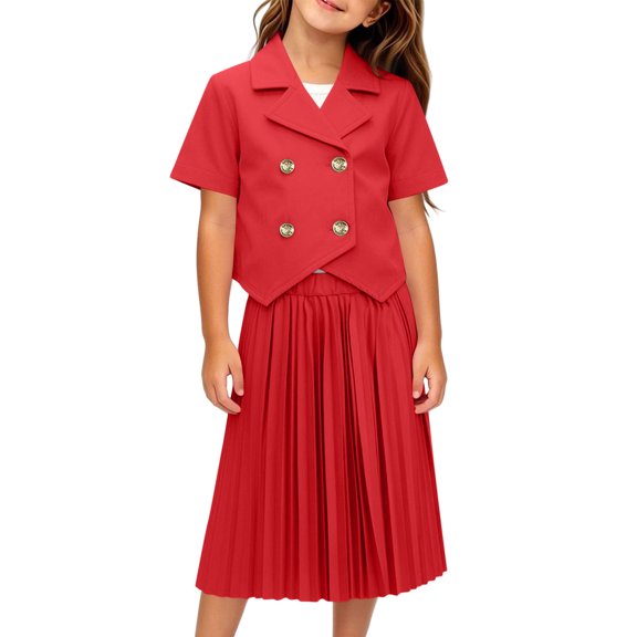 Girls' 2-Piece Double Breasted Top & Pleated Skirt School Outfit, ideal for daily classes, performances and formal campus themed events, 2-9 Years