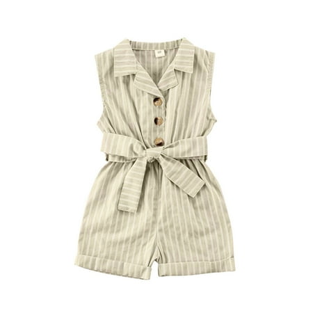 

Bmnmsl Baby Jumpsuit Striped Turn-Down Collar Sleeveless Bodysuit One-Piece for Toddler Girls White/Blue/Khaki/Lake Green