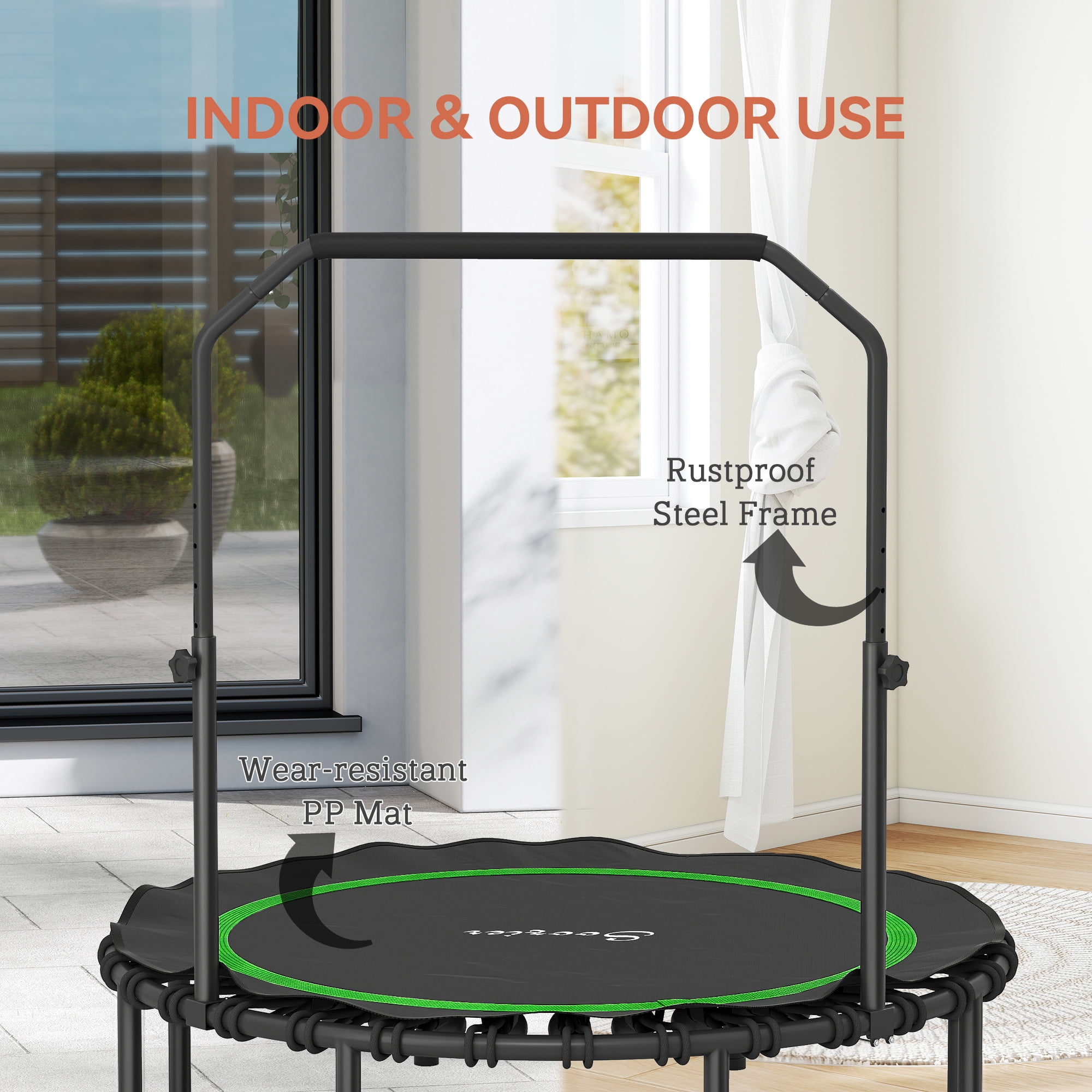 Soozier 45" Rebounder Trampoline for Adults, Foldable Mini Trampoline with Adjustable Handle Bar, Bungee Rebounder Jumping Cardio Trainer, Green