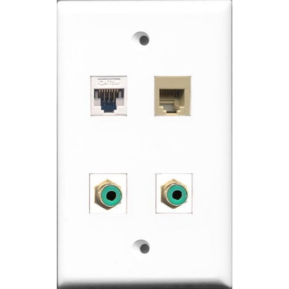 RiteAV - 2 Port RCA Green and 1 Port Phone RJ11 RJ12 Beige and 1 Port Cat5e Ethernet White Wall Plate