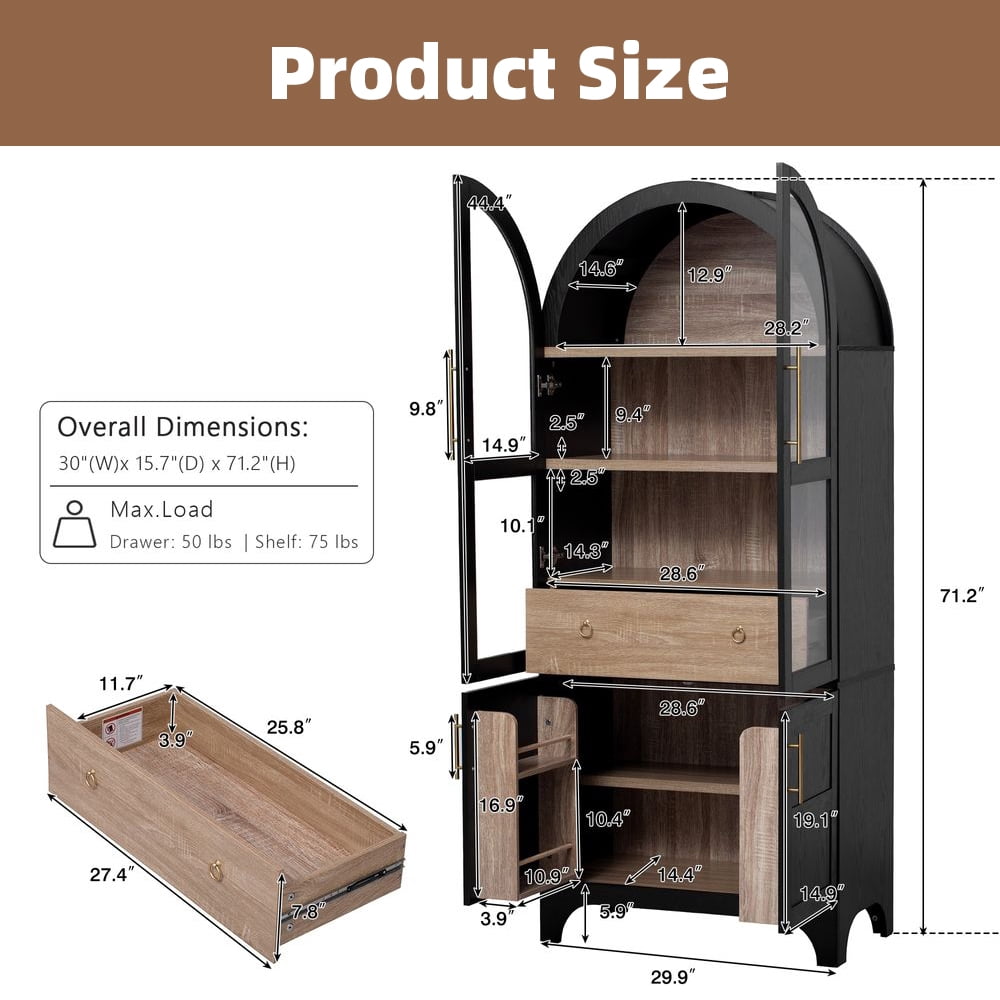 LUMAMIN Arched Bookcase, 71" Farmhouse Bookshelf Display Cabinet with Door Shelves, Adjustable Shelves, Hidden Drawer & Glass Door, Black