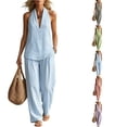 thumbnail image 2 of Women's Summer 2 Piece Pant Set Cotton Striped Halter Vest Top Wide Leg Straight Trousers Casual Vacation Outfits,Light Blue XL, 2 of 8