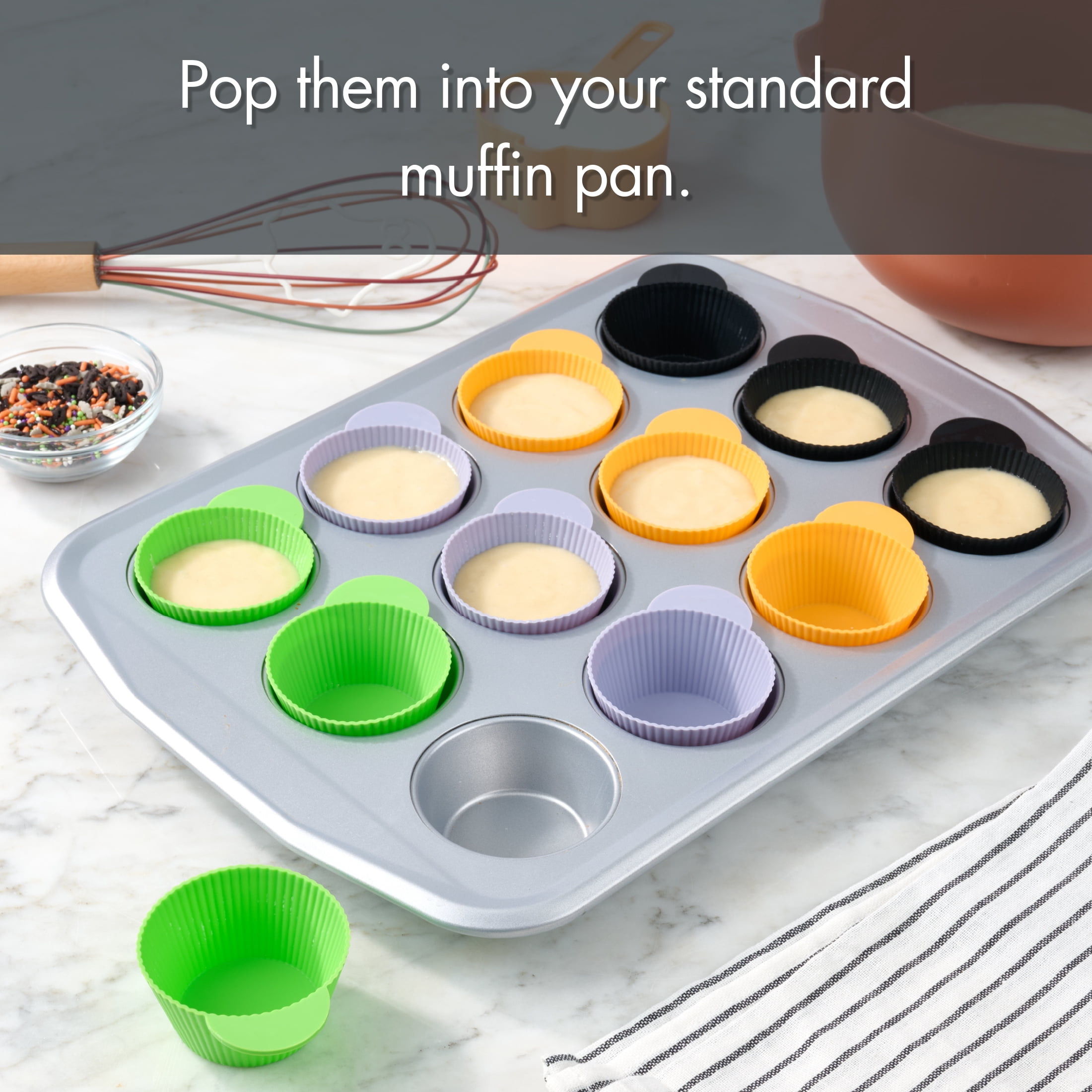 Way To Celebrate 24 Pack Silicone Cupcake Liners, Orange, Green, Purple and Black