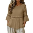 thumbnail image 5 of thefmos Women Summer Round Neck 3/4 Sleeve Lace Trim Flowy Boho Casual Pullover Tops Dressy Casual Loose Blouses Fall Shirts Clothes, Coffee L, 5 of 8