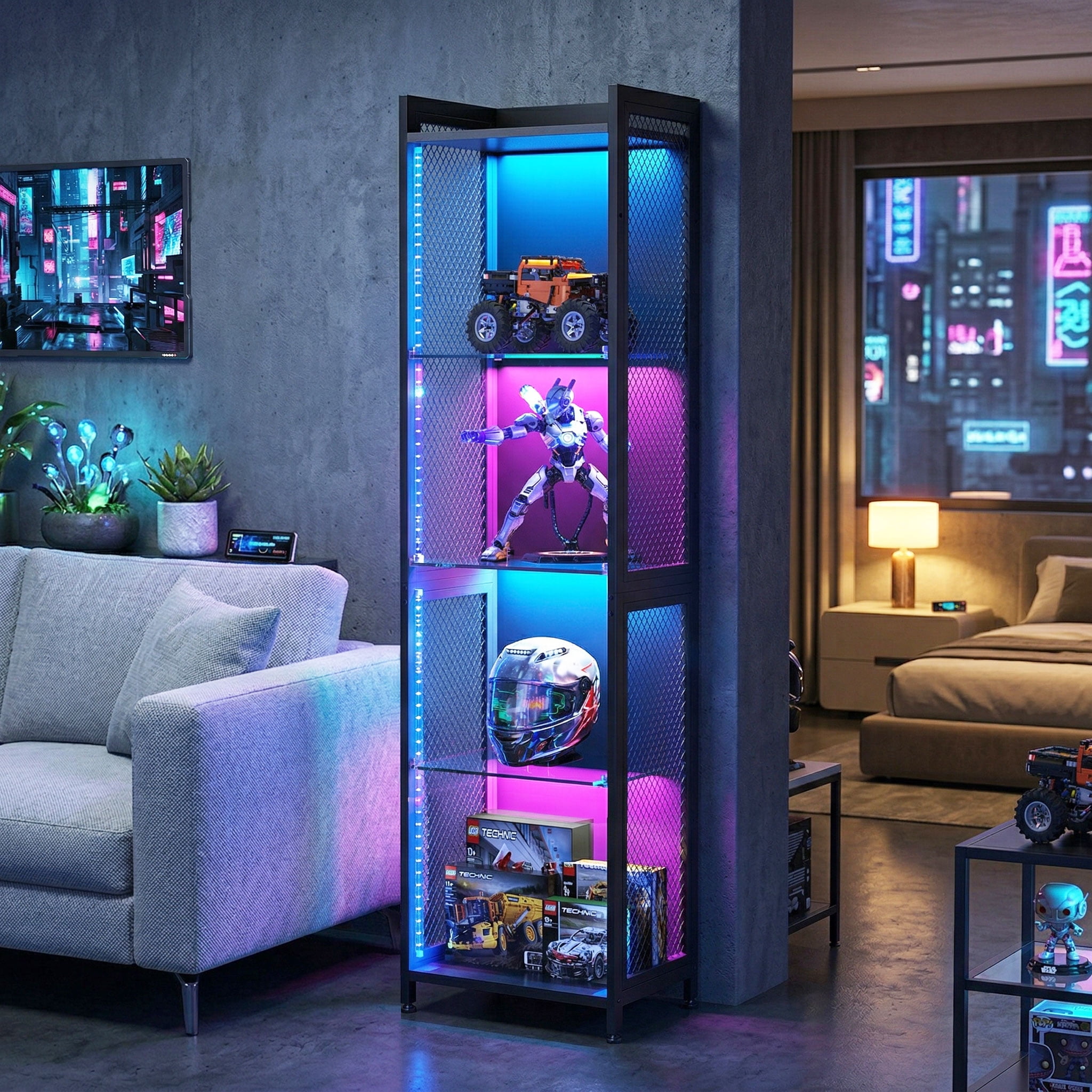Casacomoda 4-Tier LED Display Cabinet, Gaming Glass Shelf Curio Cabinet with RGB Lights, Open Glass Corner Storage Shelf for Collectibles, Figures, Gaming Room & Living Room, Black