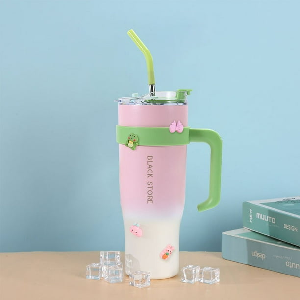 Vaso Térmico de 40 Onzas Con Asa y Tapa Con Popote, Botella de Agua Acero Inoxidable 1200ML Incluye Stickers 3D