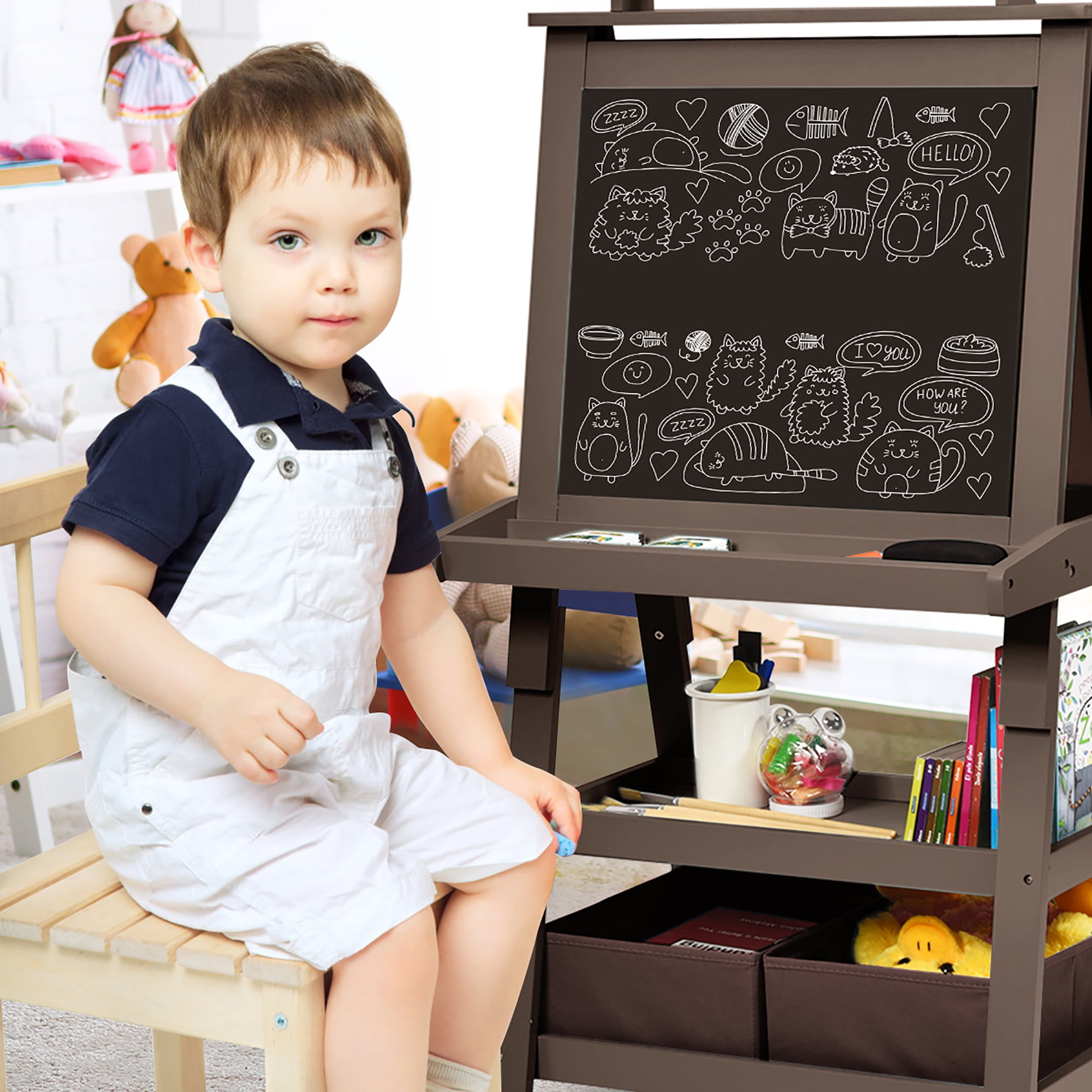 Costway 3 in 1 Double-Sided Wooden Kid's Art Easel Whiteboard Coffee