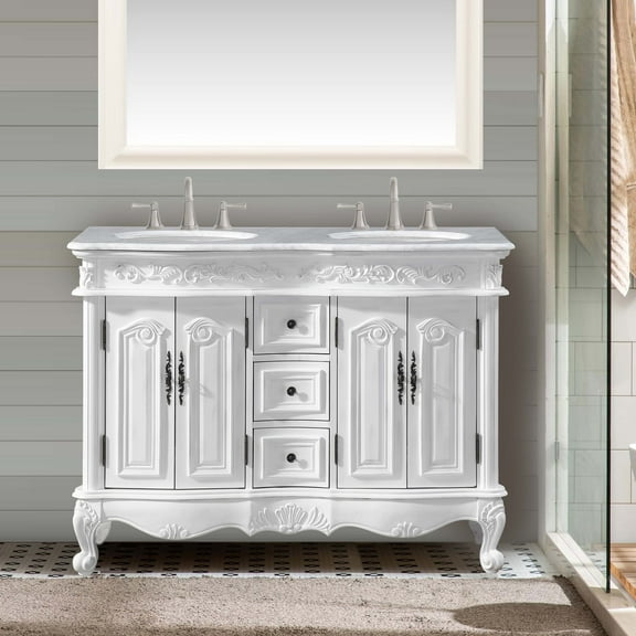 48" Carrara White Marble Top Bathroom Vanity Double Sink Antique White Cabinet