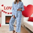 thumbnail image 2 of vigerkar Holiday Cute Bow Pajamas Women Silk Satin Pink Heart Print Pjs 2 Piece Long Sleeve Shirt Matching Lounge Pants Set (Sky Blue, S), 2 of 6