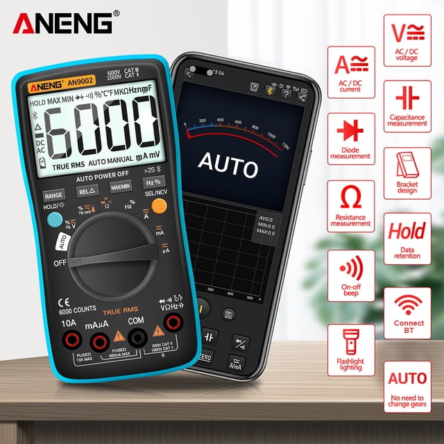 ANENG-AN9002 6000 Counts Multimeter LCD Continuity Temperature Auto-ranging Tester Resistance Temperature Capacitance Detector Electrical Meter Blue