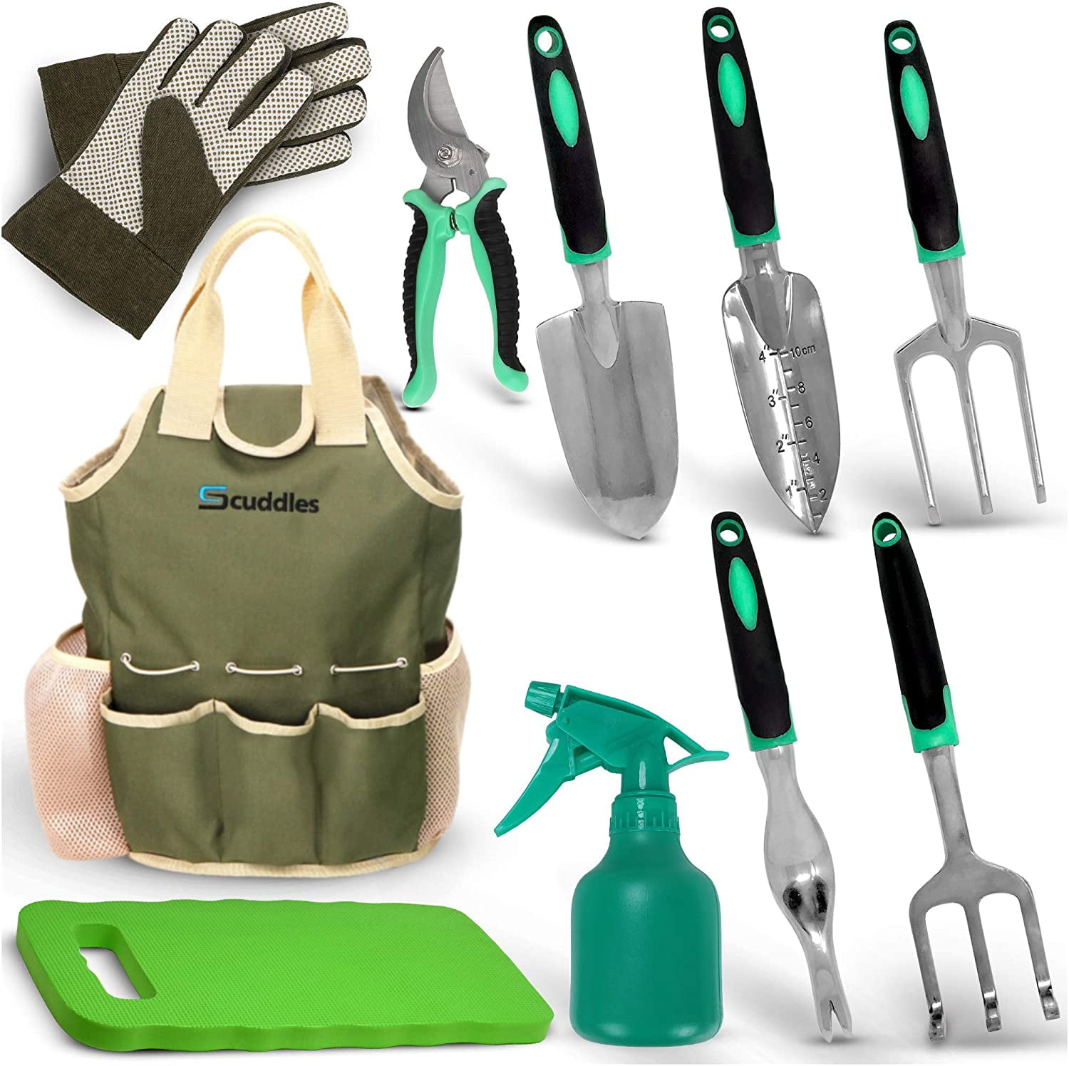 Garden Tools Set Trowel Cultivator Fork & Extra Grip Gardening Gloves 