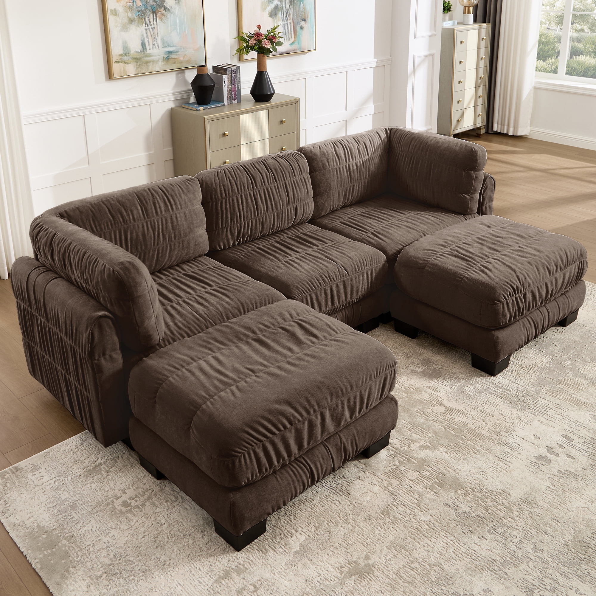109" U Shape 3 Seat Chenille Modular Sectional Sofa with 2 Movable Ottomans and L Shape Back Cushions