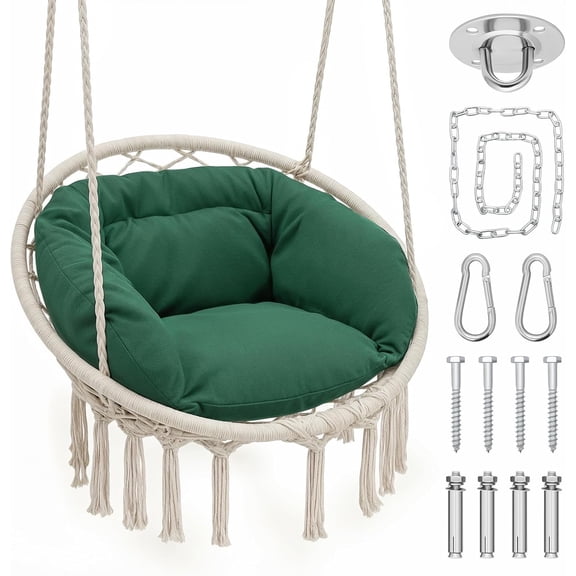 XPOPR Hanging Hammock Chair with Comfy Cushion Offer Extra Support, Macrame Swing Chair Porch Hanging Chair, 350 Lbs Capacity, Perfect for Backyard Beach Relaxation and Enjoyment (Green and White