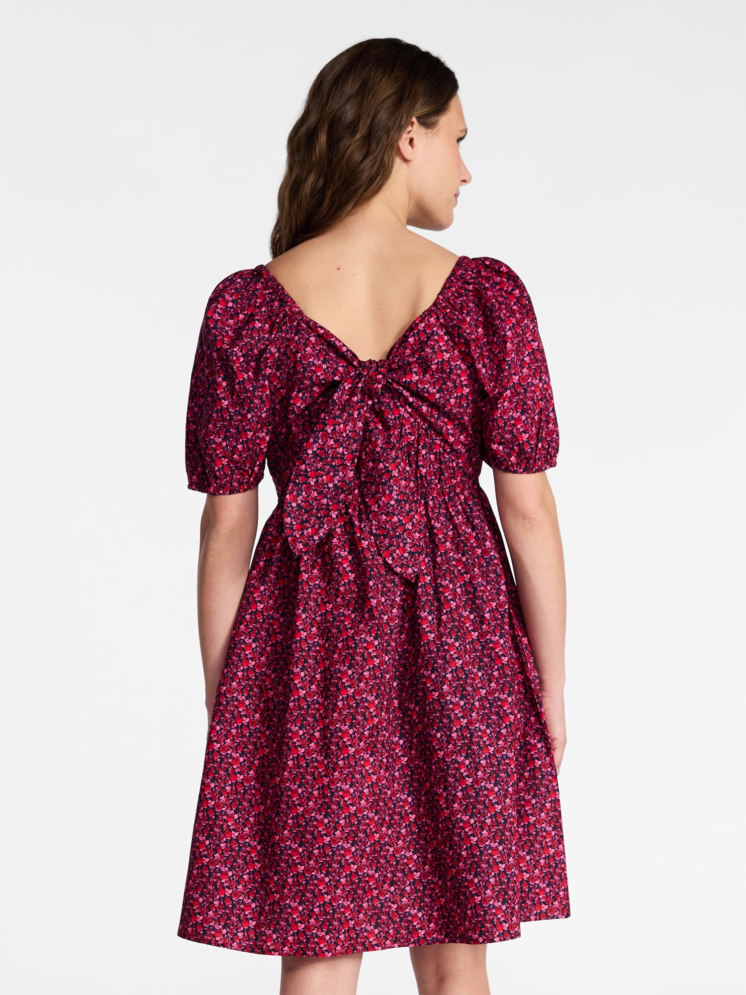 Time and Tru Women's and Women's Plus Tie Back Mini Dress with Puff Sleeves, Sizes XS-4X