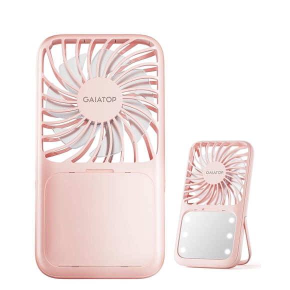 Miniventilador portátil Gaiatop de 3 velocidades con espejo de maquillaje y LED, color rosa