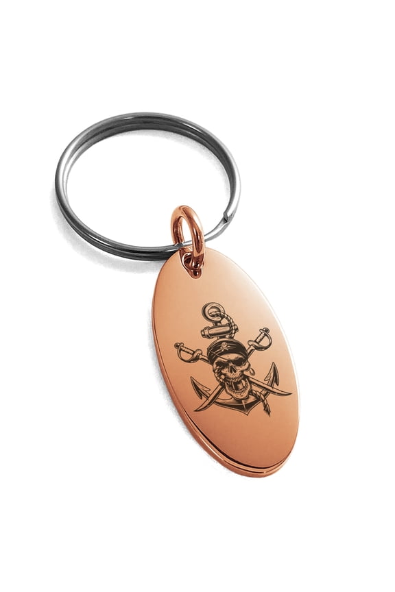 Stainless Steel Pirate Skull Anchor & Cross Swords Engraved Small Oval Charm Keychain Keyring