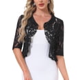thumbnail image 1 of BOLERO CHIC INSPIRADO PARA MUJERES CON ENCAJE FLORAL Y HEM RUFFLE, ABIERTO EN FRONTAL, MANGA CORTA, LIGERO, TALLA XL, NEGRO, 1 of 6