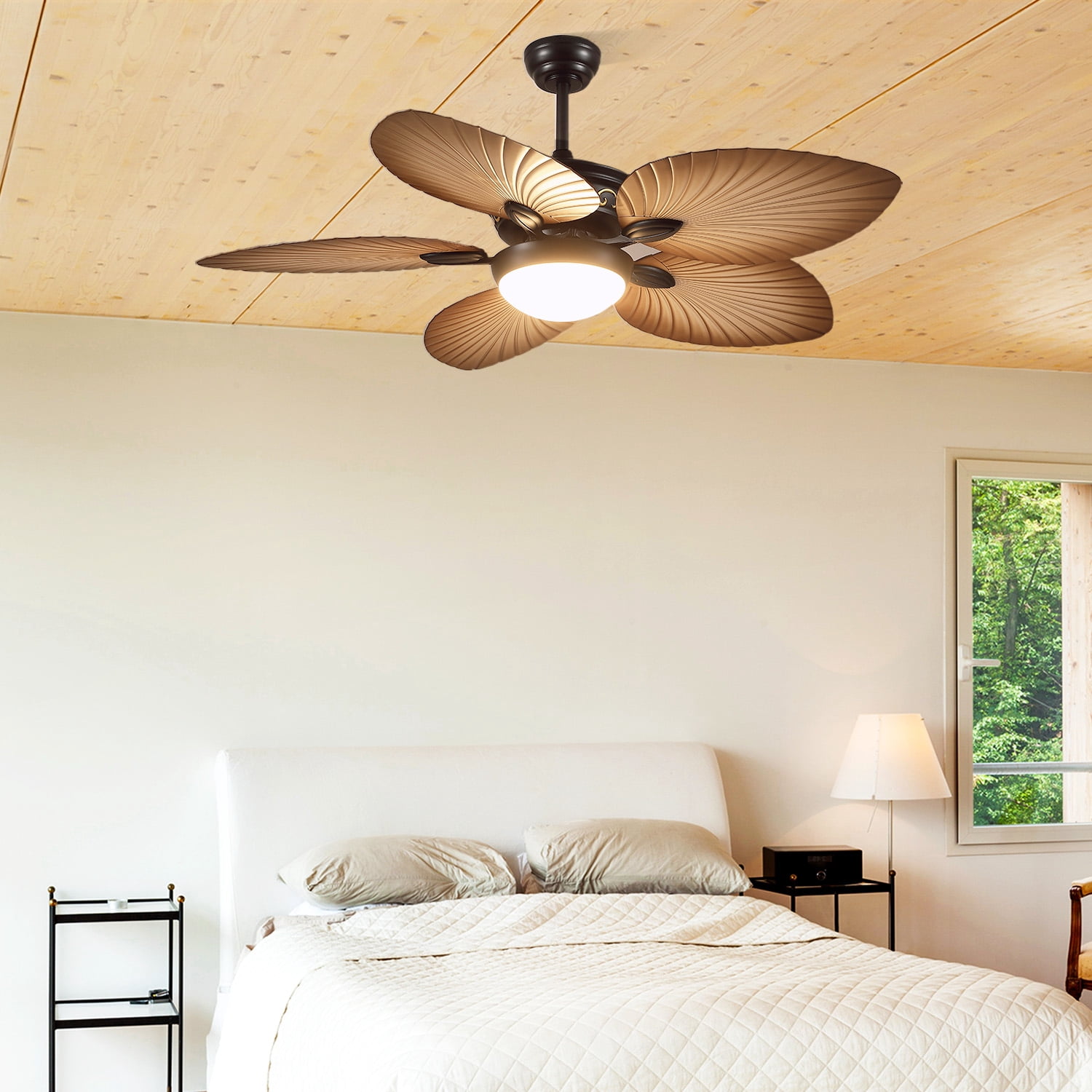 YIOSI 52" Tropical Ceiling Fan with LED Lights, Remote/APP Control, Quiet Motor, 6-Speed, Dimmable, Wood Grain Finish, Indoor/Outdoor