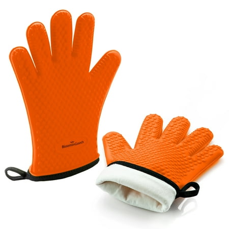 Fire And Ice Grill - BloominGoods Silicone Cooking Gloves | Non-Slip Heat Resistant Oven Mitt & barbecue gloves with Internal Protective Cotton Layer (Orange)