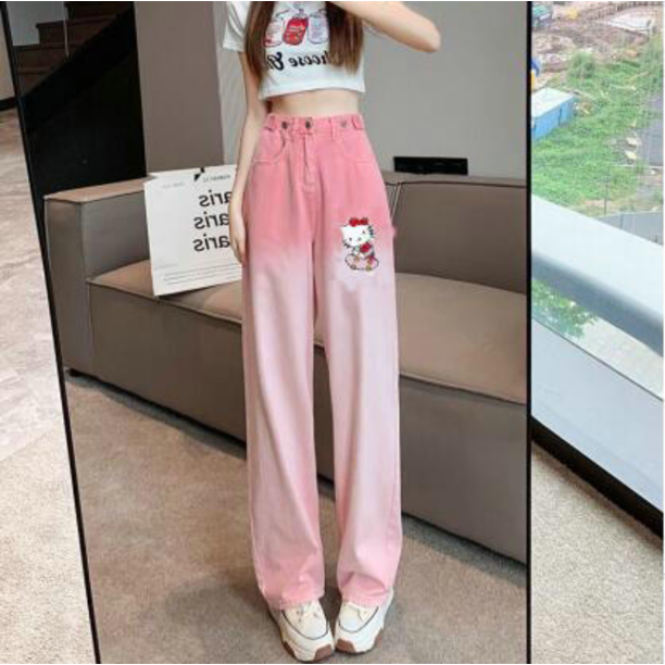 Sanrio Nueva ropa original Kawaii para mujer, pantalones Y2K, pantalones vaqueros con degradado rosa de Hello Kitty, pantalones deportivos para mujer, pantalones Kpop para mujer