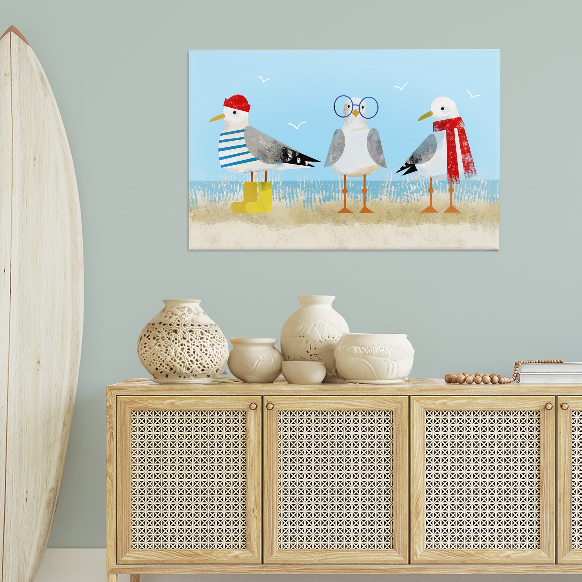 Stupell Industries Seagulls in Winter Clothes Animals Painting Wrapped Canvas Art Print Wall Art, 45 x 30