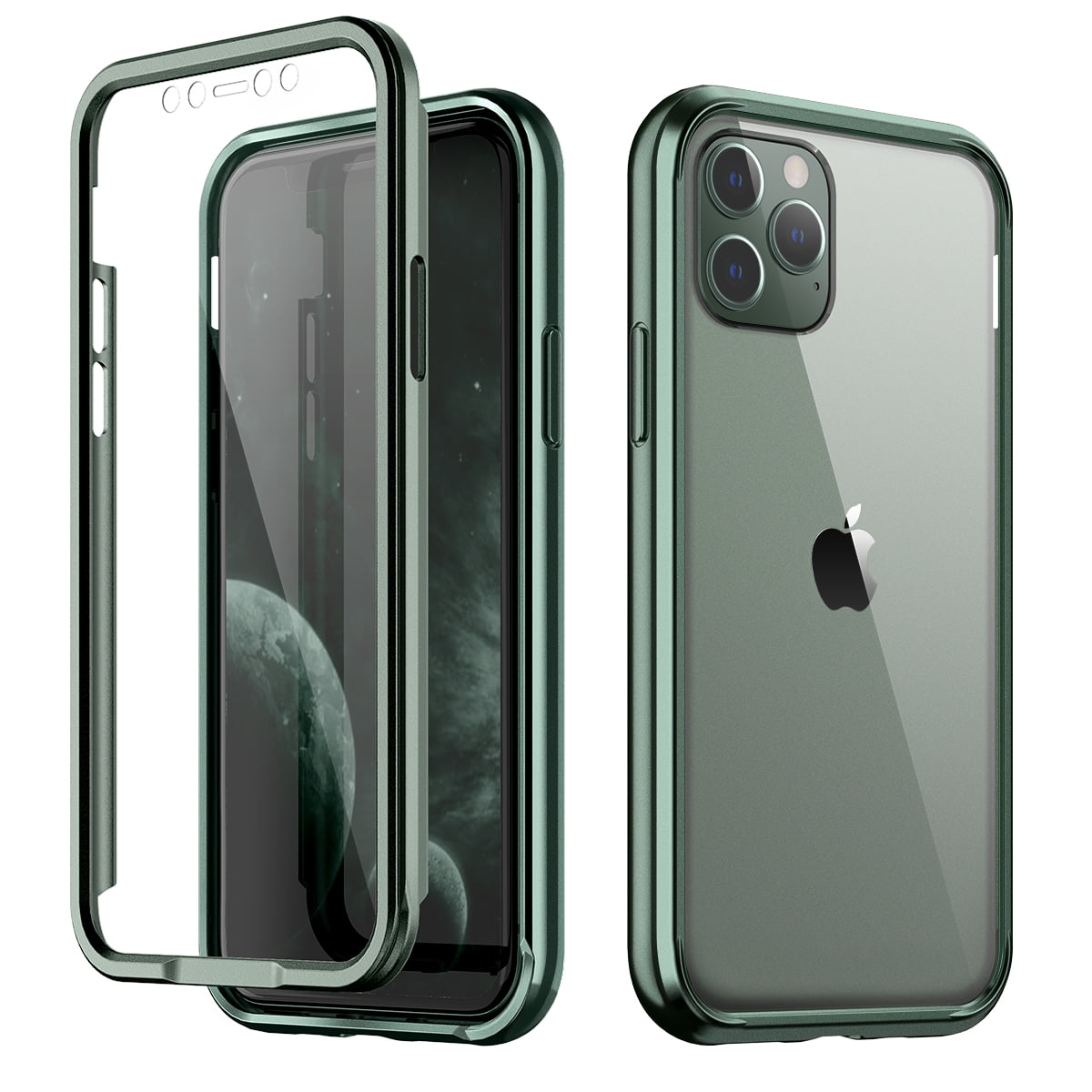 Suritch Clear Case For Iphone 11 Pro Max Built In Screen Protector Tempered Glass Back Metallic Electroplated Edge Shockproof Hard Full Body Soft Bumper For Iphone 11 Pro Max 6 5 Dark Green