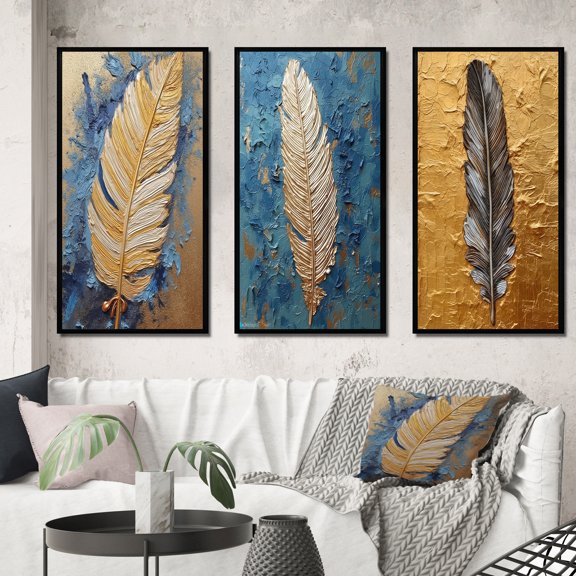 Designart "Exquisite Boho Glam Blue Feather Painting" Feathers Framed Wall Art Set Of 3 - Gold Modern Frame Gallery Set For Office Decor