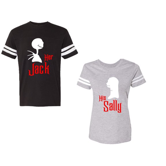 Her Jack His SallyUnisex Couple Matching Cotton Jersey style T-Shirt Contrasting stripes on sleeves (Men Black / Women Heather) (Men S / Women XL)