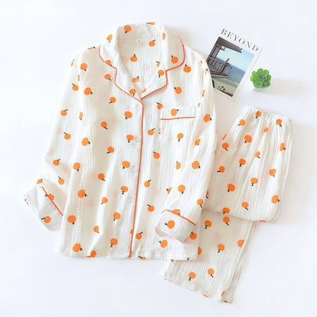 

Spring New Ladies Pajamas Set Heart Printed Crepe Cotton Double-layer Gauze Turn-down Collar Long-sleeve Trousers Household Wear