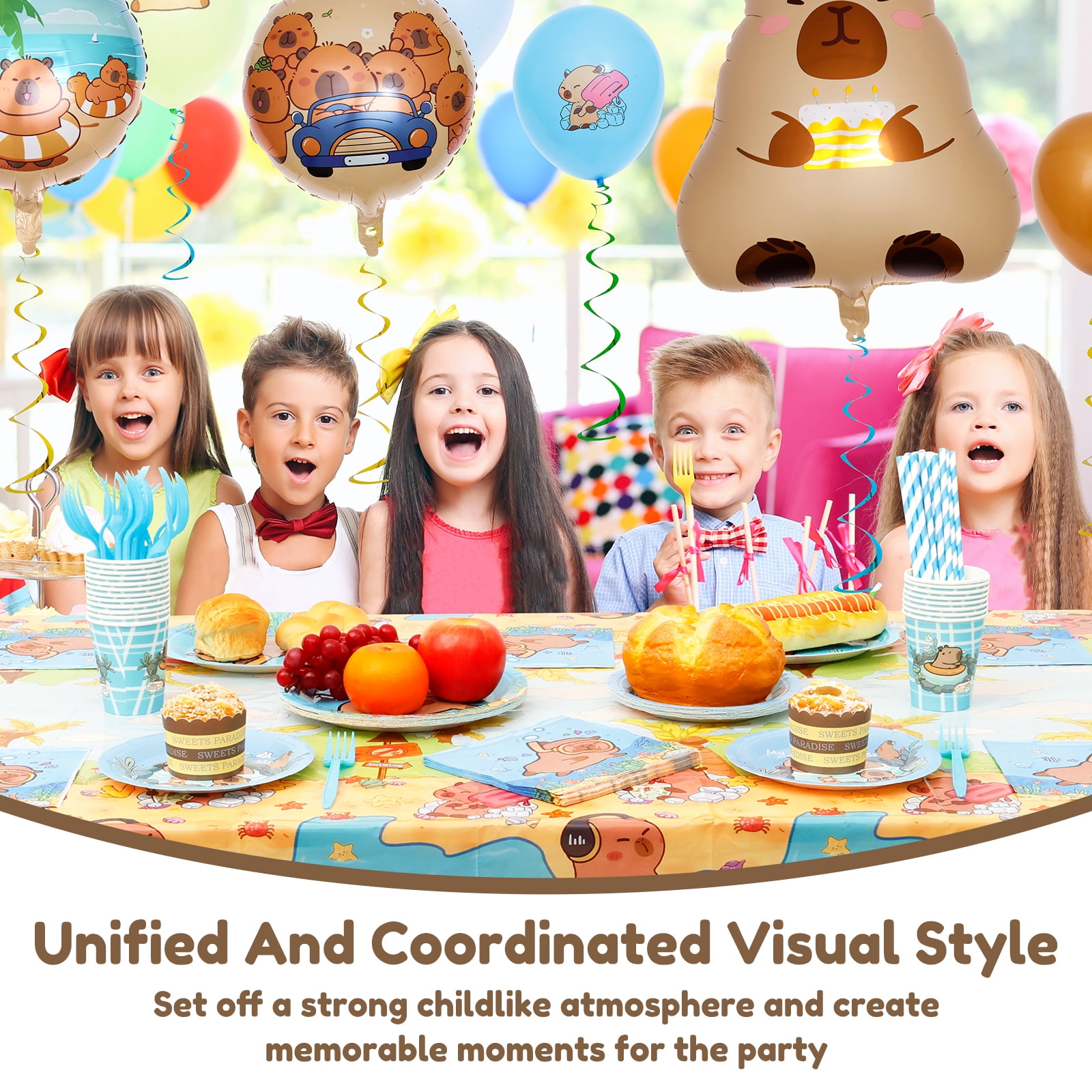 pluokvzr 185pcs Capybara Birthday Decorations Tableware Set Cute Animal Theme Birthday Decor with Banner Balloons Plates for Party Baby Shower