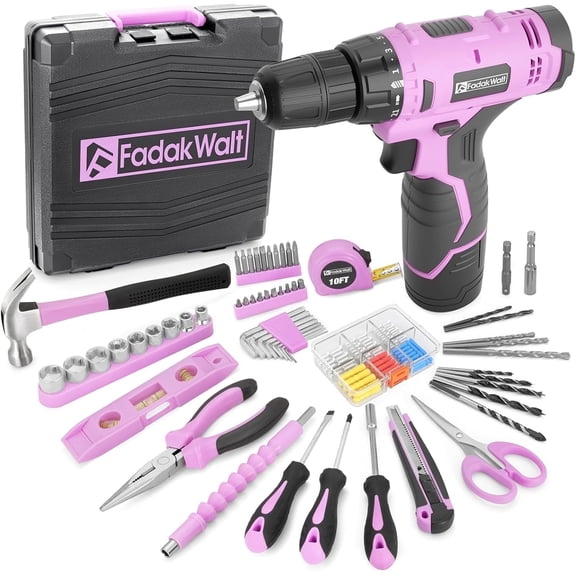 Pink 12V Cordless Drill Kit for Women - Electric Drill & Tool Set w/ 180 in-lbs Torque, LED Light, Battery & Charger, Storage Box - DIY Home Maintenance & Gifts