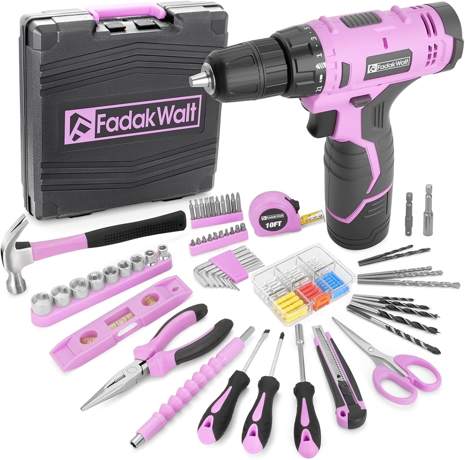 Pink 12V Cordless Drill Kit for Women - Electric Drill & Tool Set w/ 180 in-lbs Torque, LED Light, Battery & Charger, Storage Box - DIY Home Maintenance & Gifts