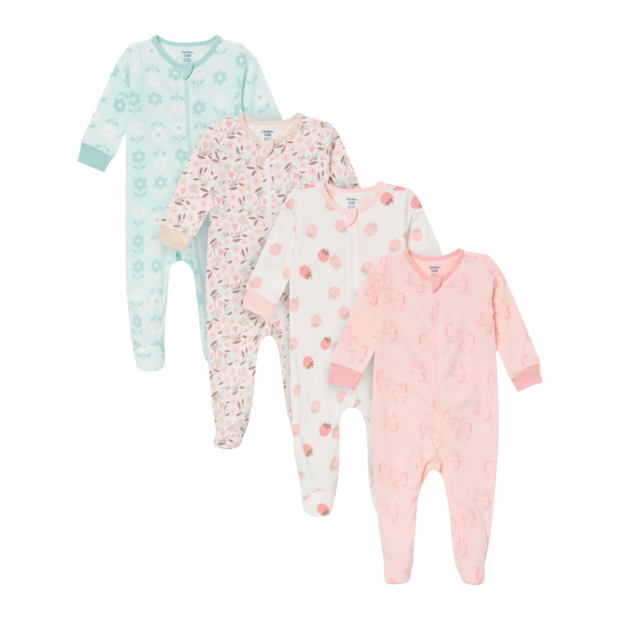 Gerber Baby Neutral Sleep N´ Play 2-Way Zipper Footed Pajamas, 4-Pack, Sizes, Newborn - 6/9 Months