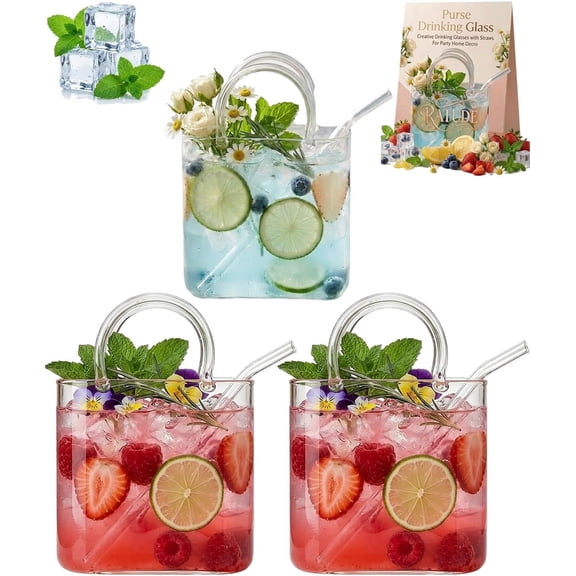 Handbag-Shaped Glass Cup with Straw, 26oz Purse Drinking Glass for Cocktails, Juice, Tea, Decorative Vase for Flowers, Cute Room Decor Gift for Women