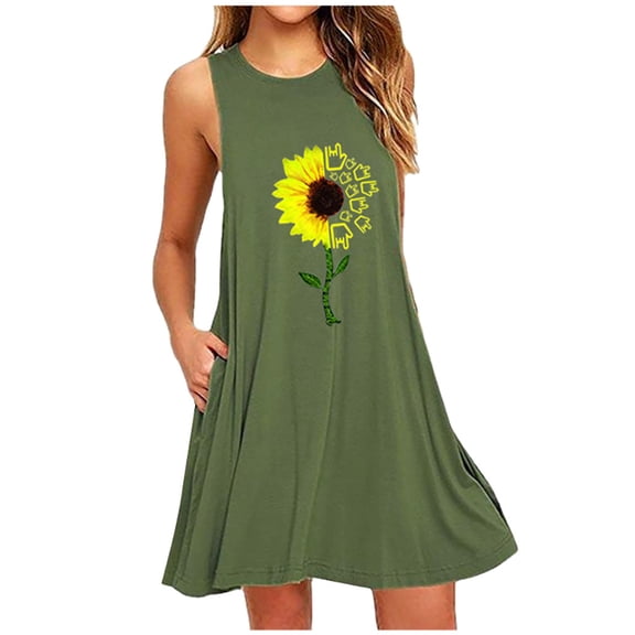 IMENGL Pajamas for Women Robes Fashion Pocket Sunflower Printing Sleeveless Casual Nightdress Dresses Soft Nightgowns & Sleepshirts Women's Sleepwear,Green