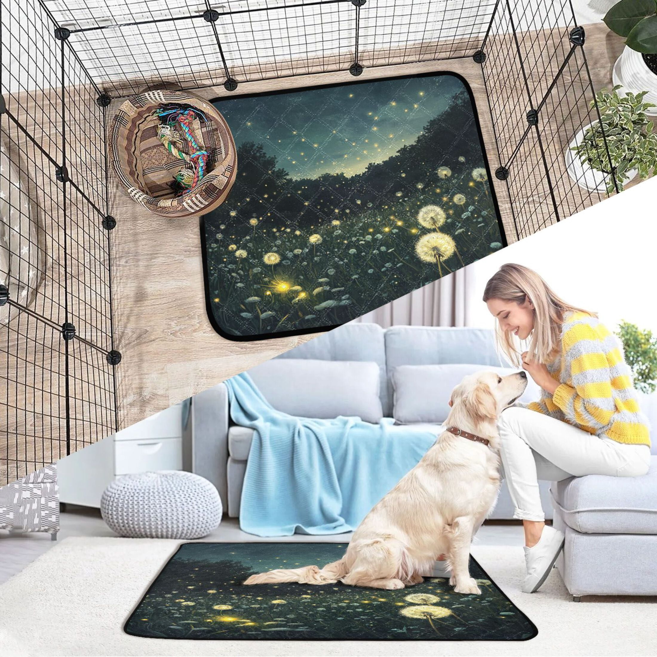 Qxltty Fireflies in Dandelions Cat litter Pads Pet Set of 2 Diaper Mats Center Anti-leakage Layer Absorbent Soft and Comfortable